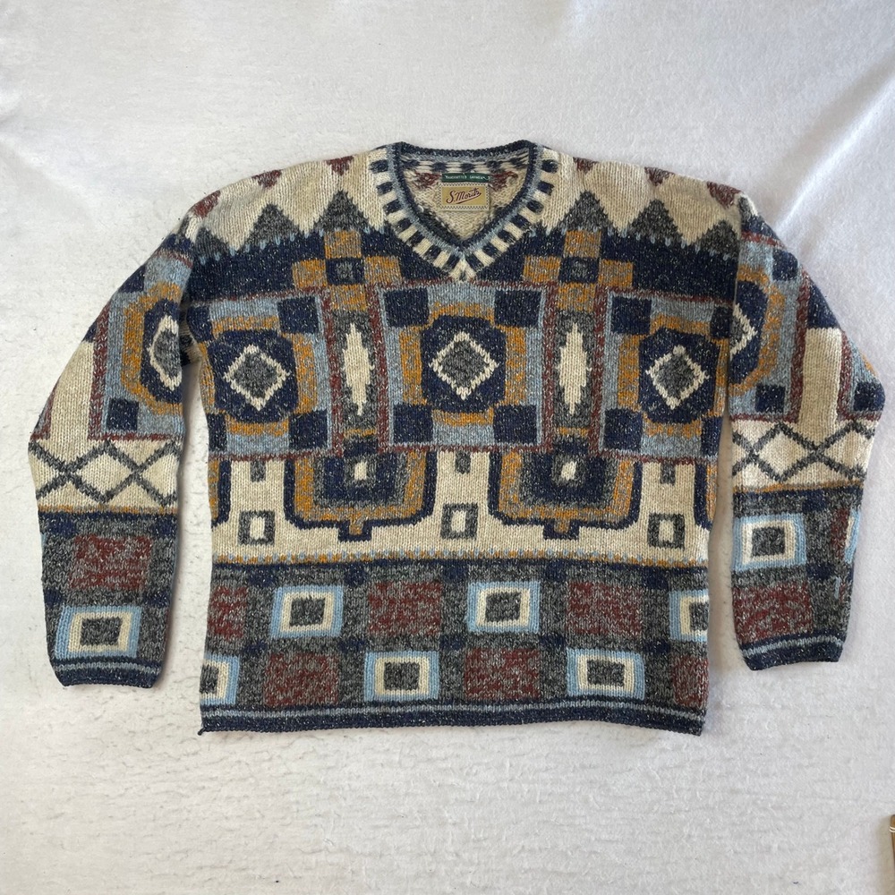 S. Moritz Handknitted Sweater Mens Large Multicolor Geometric Wool Blend V-Neck